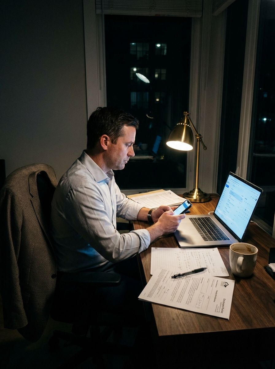 Real estate agent at desk reviewing leads late in the evening