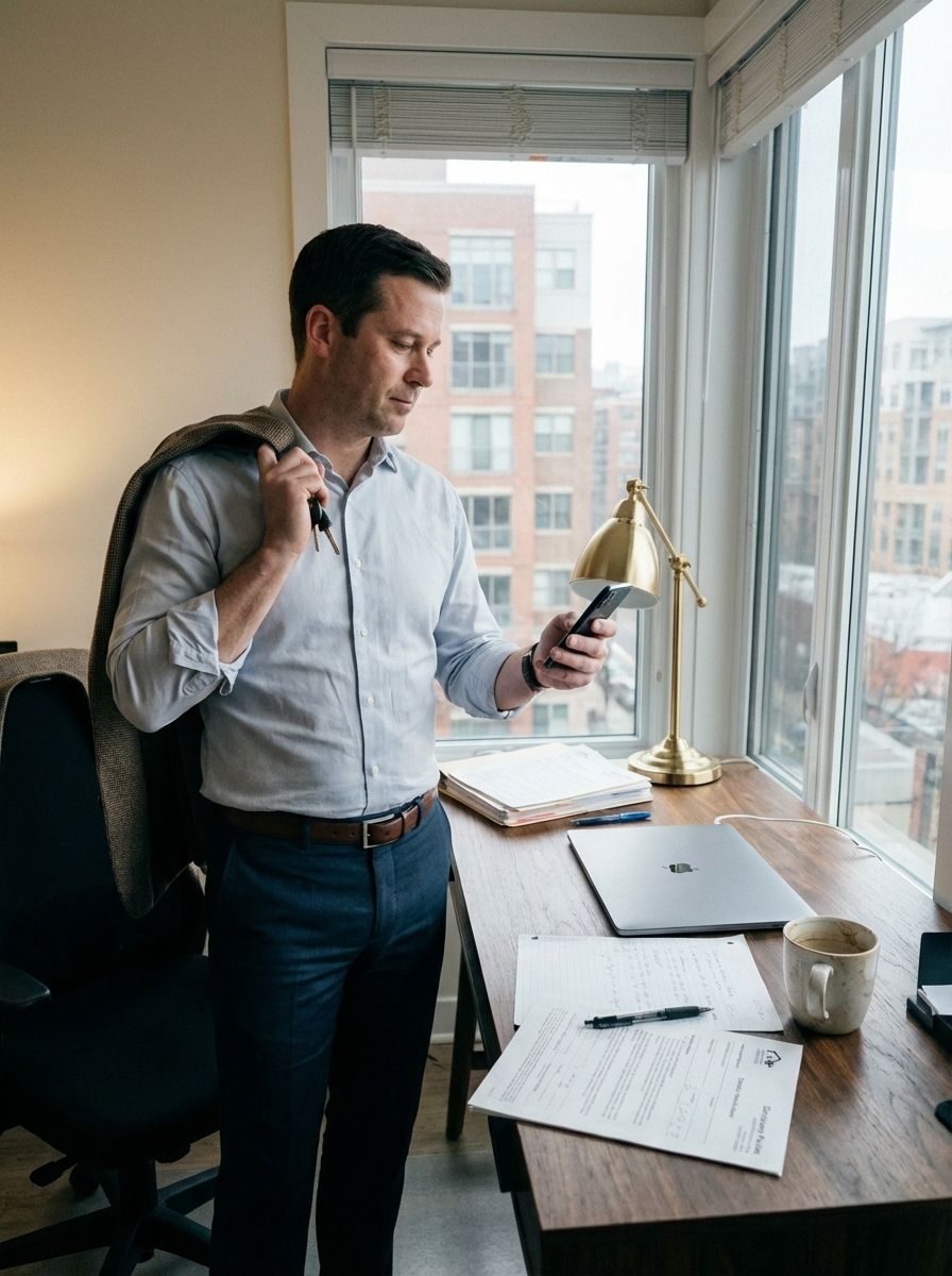 Agent walking out the door in the morning, confident and ready to close