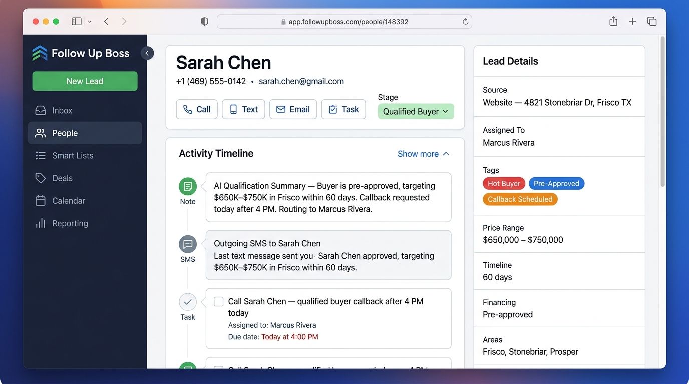 Follow Up Boss lead detail page for Sarah Chen showing AI qualification summary, hot buyer and pre-approved tags, price range, timeline, financing status, assigned agent Marcus Rivera, and a callback task scheduled for today at 4 PM