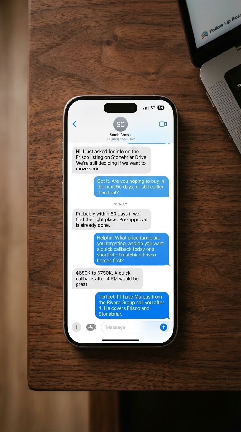iPhone showing an iMessage SMS qualification conversation with a buyer inquiry — asking about timeline, budget, and booking a callback with the assigned agent